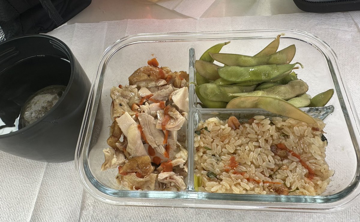 Rotisserie chicken with sticky rice and steamed edamame for lunch 😋