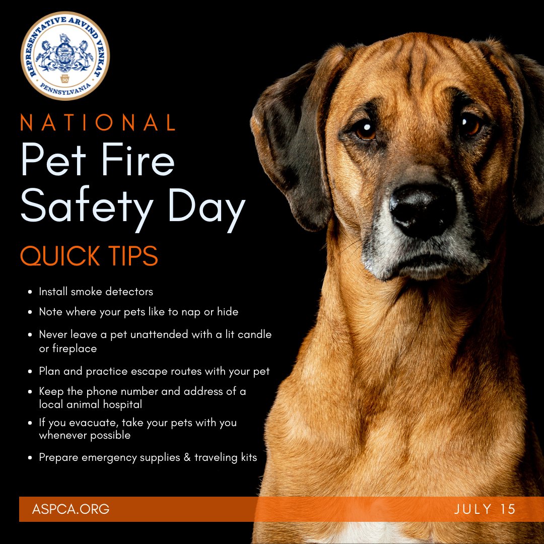 RepVenkat's tweet image. Today is National Pet Fire Safety Day. Here are some tips on how to keep your pets safe.