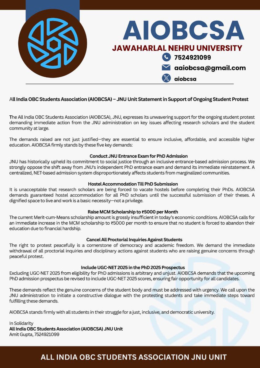 AIOBCSA (@aiobcsa_team) on Twitter photo We firmly stand with the JNUSU in its struggle against the unjust actions of the JNU administration <a href="/JNU_official_50/">Jawaharlal Nehru University (JNU)</a>
<a href="/jnusu_official/">JNUSU Official</a> We firmly stand with the JNUSU in its struggle against the unjust actions of the JNU administration <a href="/JNU_official_50/">Jawaharlal Nehru University (JNU)</a>
<a href="/jnusu_official/">JNUSU Official</a>