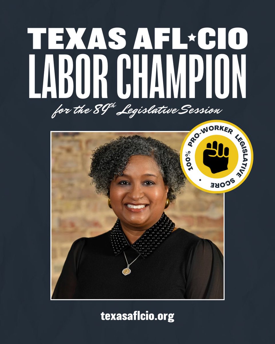 BowersForTexas's tweet image. Proud to be named a Texas AFL-CIO Labor Champion with a 100% rating. I’ll always stand up for workers’ rights—because strong unions mean strong families, and a stronger Texas. 💪🏾
Thank you, @TexasAFLCIO. I’m always in your corner. #TXLege #LaborChampion