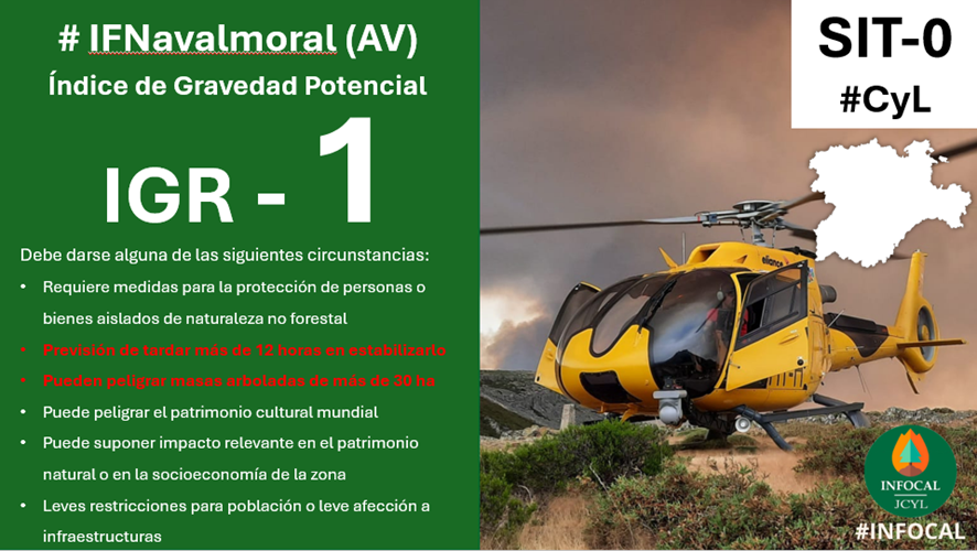 naturalezacyl's tweet photo. Se declara Índice de Gravedad Potencial 1 en el incendio forestal de Navalmoral (Ávila) por:
• Previsión de tardar más de 12 horas en estabilizarlo.
• Pueden peligrar masas arboladas de más de 30 ha. https://t.co/uC8Xkl2FiN