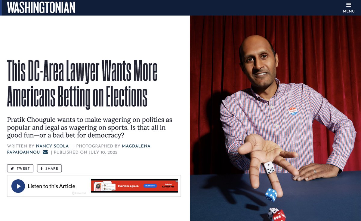 nancyscola's tweet image. I profile Pratik Chougule (@pjchougule), the host of a podcast called "Star Spangled Gamblers" who is working to mainstream betting on politics, in the new issue of @Washingtonian...