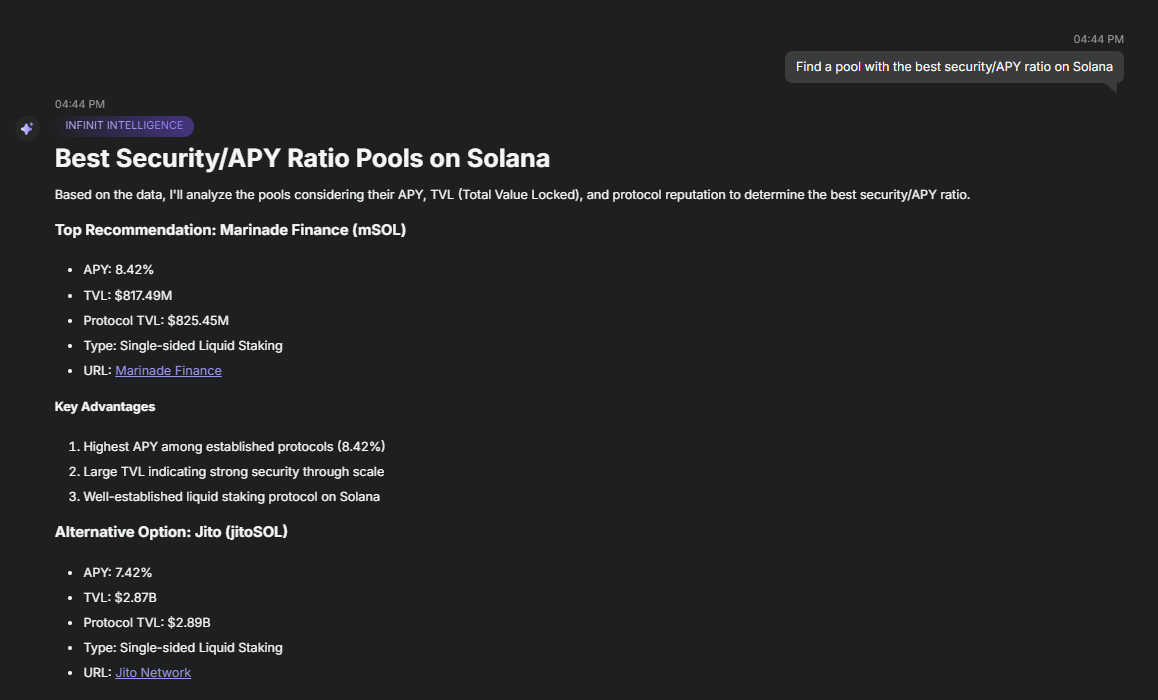 0xDamix's tweet photo. When I first came to DeFi in 2021,
I saw the craziest APYs compared to traditional finance

But it was all messy and hard to understand
There weren’t even enough guides

Now, it’s getting to a point where all you need is one prompt:

“Find a pool with the best security/APY ratio and stake <$sum>”

That is what @Infinit_Labs is ALREADY allowing you to do

I used this prompt to find a strong security/good APY ratio

As a result, I've got a list of projects and short analytics on them

Once I choose a project, I've got a complete step-by-step guide

On how to stake money on Marinade Finance

You can also play around with prompts

I wrote:

"I have $50 on Solana network

How can I get the maximum benefit from it?"

As a result, I've got a bunch of Vaults/Lendings with up to 50% APY

Of course, it’s not a magic button that does everything for you.
But we’re getting damn close.

Feels like it’s time to move from CT to TikTok
where retail will figure out DeFi in 2 clicks

Such innovations open a ton of opportunities for marketing and Web3 developments