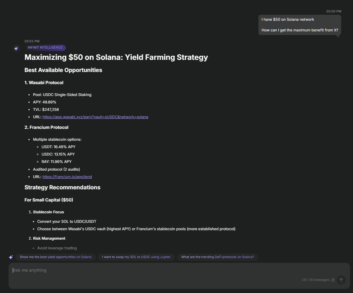 0xDamix's tweet photo. When I first came to DeFi in 2021,
I saw the craziest APYs compared to traditional finance

But it was all messy and hard to understand
There weren’t even enough guides

Now, it’s getting to a point where all you need is one prompt:

“Find a pool with the best security/APY ratio and stake <$sum>”

That is what @Infinit_Labs is ALREADY allowing you to do

I used this prompt to find a strong security/good APY ratio

As a result, I've got a list of projects and short analytics on them

Once I choose a project, I've got a complete step-by-step guide

On how to stake money on Marinade Finance

You can also play around with prompts

I wrote:

"I have $50 on Solana network

How can I get the maximum benefit from it?"

As a result, I've got a bunch of Vaults/Lendings with up to 50% APY

Of course, it’s not a magic button that does everything for you.
But we’re getting damn close.

Feels like it’s time to move from CT to TikTok
where retail will figure out DeFi in 2 clicks

Such innovations open a ton of opportunities for marketing and Web3 developments