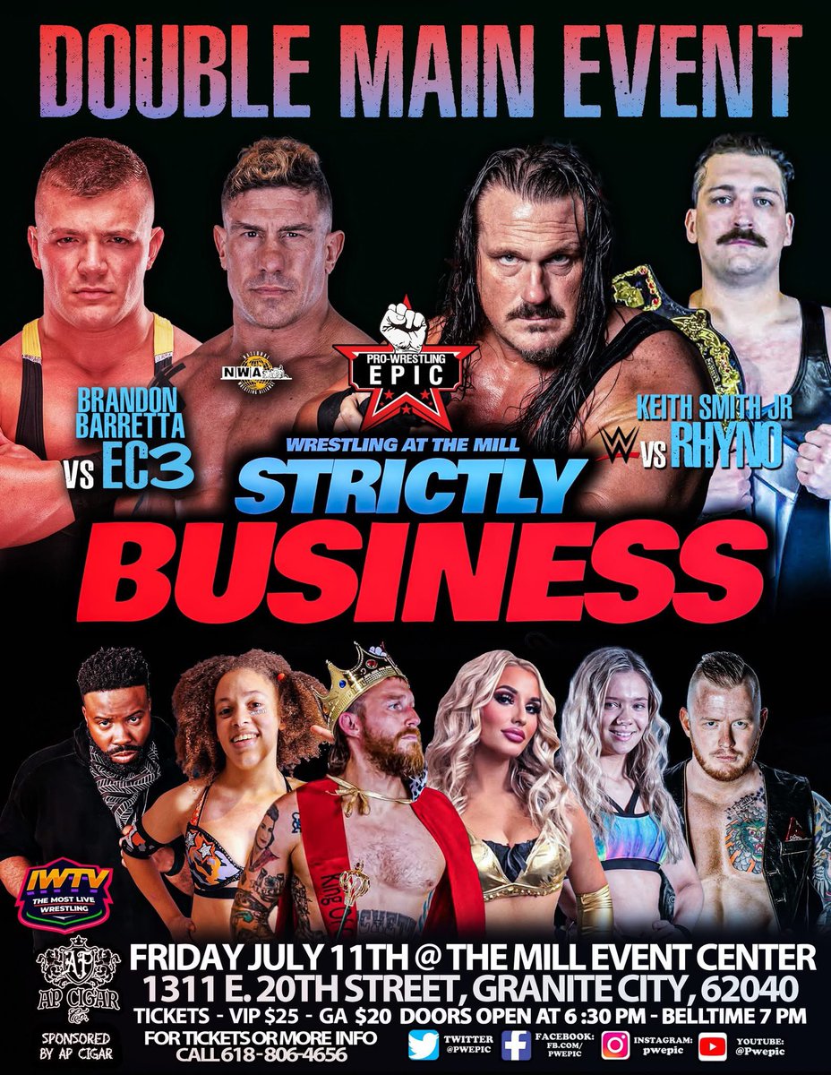 Pro Wrestling Epic Tonight at The Mill 
 
Come one down and see this Epic one of a kind event. We may have opened a few more seats 😉
