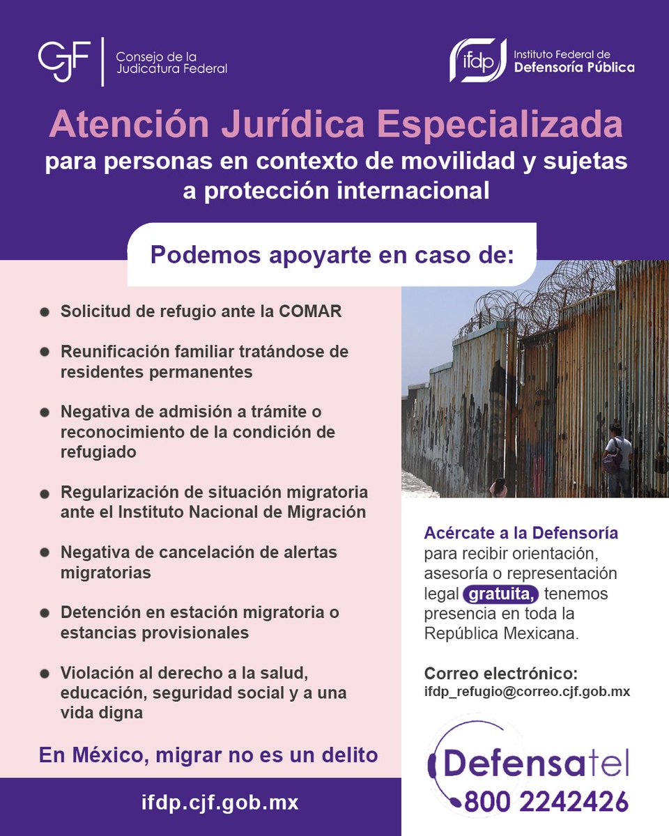 defensoriaifdp's tweet image. ¡Acércate al #IFDP!
Asesoramos a personas en contexto de movilidad y sujetas a protección internacional de forma gratuita, a fin de que sus derechos sean garantizados.
#TeDefendemos
#IFDP #DefensaPAraTi #SomosPJF #SomosPJF