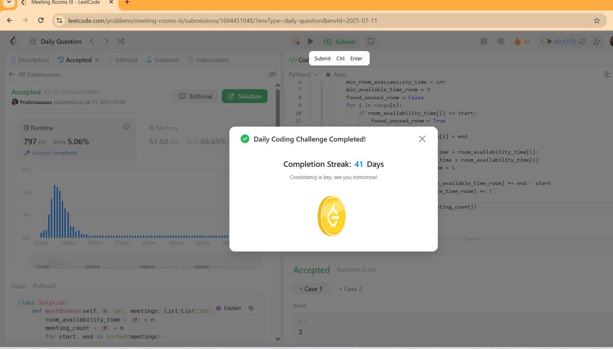 sapkota88759's tweet image. #LSPPDay41
Solved LeetCode&apos;s hard-level problem &quot;Meeting Rooms III&quot; today! 💻🧠
Focused on efficient room scheduling with smart logic and optimal performance! ✅
One step closer to mastering algorithms! @lftechnology #60DaysOfLearning2025 #LearningWithLeapforg