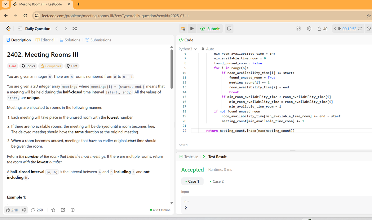 sapkota88759's tweet image. #LSPPDay41
Solved LeetCode&apos;s hard-level problem &quot;Meeting Rooms III&quot; today! 💻🧠
Focused on efficient room scheduling with smart logic and optimal performance! ✅
One step closer to mastering algorithms! @lftechnology #60DaysOfLearning2025 #LearningWithLeapforg