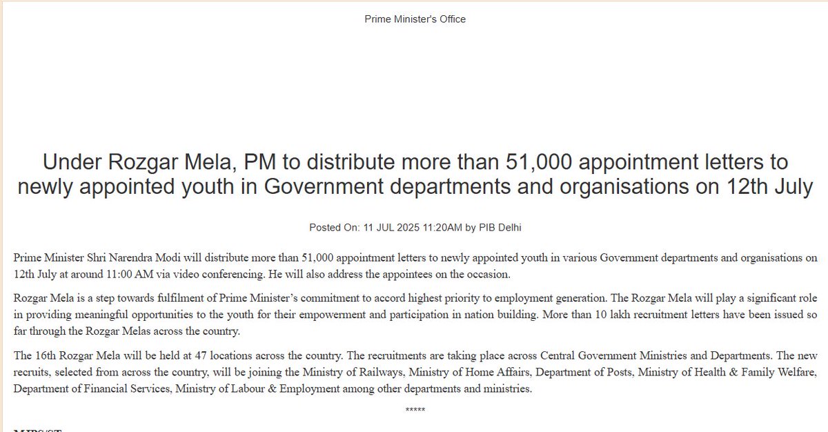 VeerArjunDainik's tweet image. प्रधानमंत्री मोदी 12 जुलाई को सुबह लगभग 11:00 बजे वीडियो कॉन्फ्रेंसिंग के ज़रिए विभिन्न सरकारी विभागों और संगठनों में नवनियुक्त 51,000 से ज़्यादा युवाओं को नियुक्ति पत्र वितरित करेंगे। इस अवसर पर वे नियुक्त लोगों को संबोधित भी करेंगे: PMO

#Pmmodi #Jobletter #Pmo @BJP4Delhi