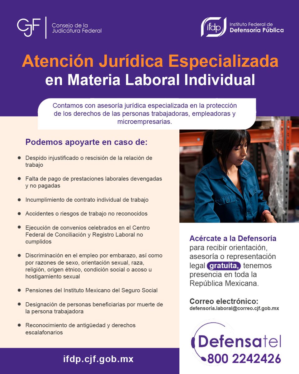 defensoriaifdp's tweet image. ¡Acércate al #IFDP!
Contamos con asesoría jurídica especializada en la defensa de los derechos de las personas trabajadoras, empleadoras y microempresarias.
#TeDefendemos
#IFDP # DefensaPAraTi #SomosPJF #AsesoríaLaboral