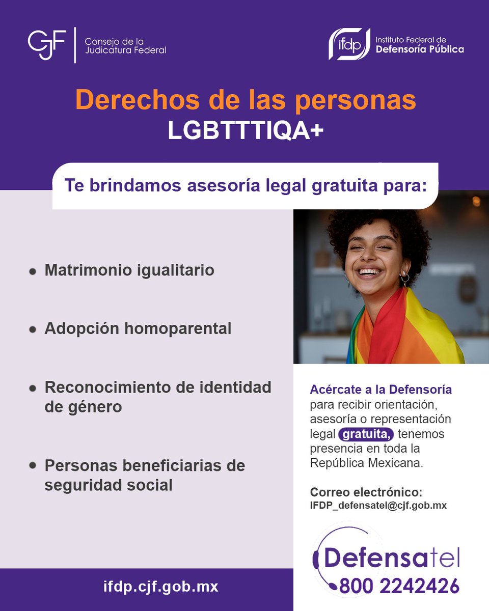 defensoriaifdp's tweet image. ¡Acércate al #IFDP!
Brindamos asesoría legal gratuita a personas LGBTTTIQA+, para que puedan acceder a sus derechos.
#TeDefendemos
#IFDP # DefensaPAraTi #SomosPJF #SomosPJF