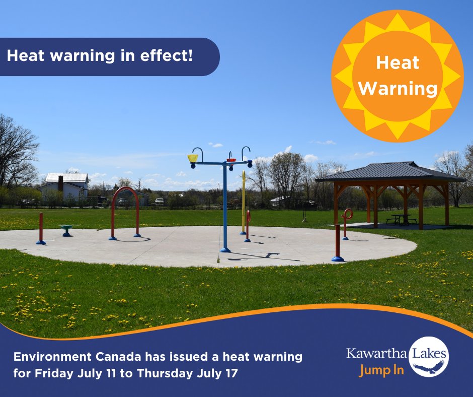 🌡️ Heat Warning in effect July 11 to 17 for Lindsay and Southern Kawartha Lakes.

Stay safe:
💧 Drink water
🧓 Check on vulnerable folks
❄️ Cool down at pools, splash pads, libraries + LRC

Details: kawarthalakes.ca/en/news/heat-w… 

#HeatWarning #KawarthaLakes #BeatTheHeat