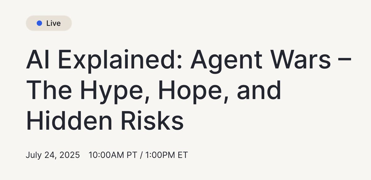 fiddler_ai's tweet image. 💌 AI Explained: Agent Wars – Which Agent Framework Can You Trust?
Don’t miss this exclusive webinar on the evolving battle between open LLM agent frameworks and enterprise-ready solutions.
🗓️ When: Thursday, July 18 at 10AM PT / 1PM ET
👥 Who: Nate B. Jones (Head of Product at…
