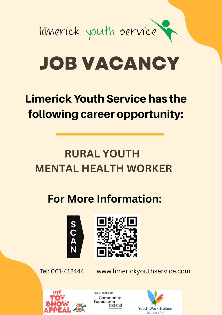 Limerick Youth Service (@limerickyouth) on Twitter photo 📢 Job Opportunity
Limerick Youth Service has the following vacancy:
🔹 Rural Youth Mental Health Worker*
For more details: limerickyouthservice.com/get-involved/v…
*Supported by <a href="/RTELateLateShow/">The Late Late Show</a> in partnership with <a href="/CommunityFound/">Community Foundation Ireland</a>
#lys #toyshowappeal <a href="/ywirl/">Youth Work Ireland</a> 📢 Job Opportunity
Limerick Youth Service has the following vacancy:
🔹 Rural Youth Mental Health Worker*
For more details: limerickyouthservice.com/get-involved/v…
*Supported by <a href="/RTELateLateShow/">The Late Late Show</a> in partnership with <a href="/CommunityFound/">Community Foundation Ireland</a>
#lys #toyshowappeal <a href="/ywirl/">Youth Work Ireland</a>