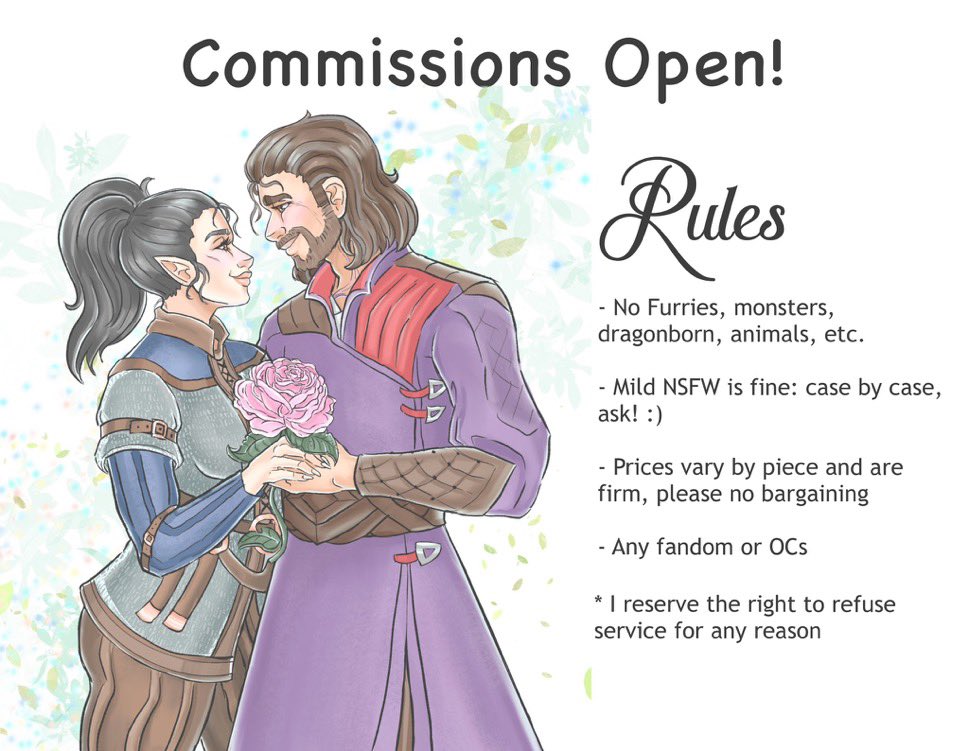 Commissions are once again open 🎉

I have 5 slots available &amp; 3 waitlist slots ☺️ 

Prices will be listed below. Please DM me for details 

#commsopen #Commission #commissionsopen #ArtCommissions