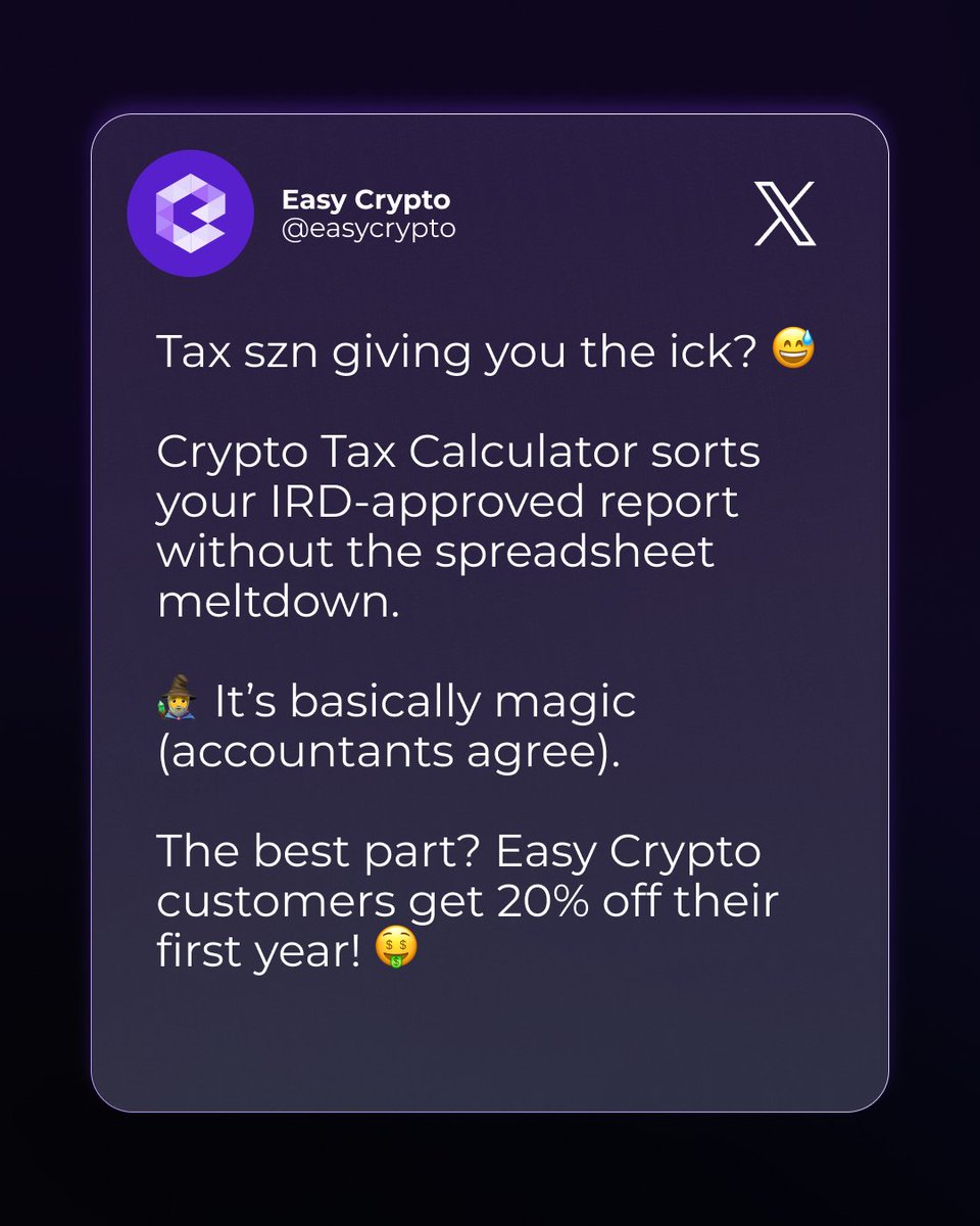 Easy Crypto (@easycrypto) on Twitter photo Sorted your crypto taxes yet? 🧾 If not, <a href="/CryptoTaxHQ/">Crypto Tax Calculator</a> makes it easy.
Compliant reports in minutes, no number crunching required.
🔥 Easy Crypto users get 20% OFF their first year! Sign up, import, done. cryptotaxcalculator.io
#CryptoTax #TaxTimeSorted Sorted your crypto taxes yet? 🧾 If not, <a href="/CryptoTaxHQ/">Crypto Tax Calculator</a> makes it easy.
Compliant reports in minutes, no number crunching required.
🔥 Easy Crypto users get 20% OFF their first year! Sign up, import, done. cryptotaxcalculator.io
#CryptoTax #TaxTimeSorted