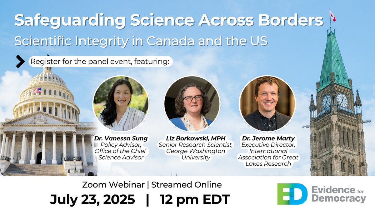 E4Dca's tweet image. How is political interference affecting scientific research in Canada and the US? Join us on July 23rd for an online panel exploring what can be done to safeguard scientific integrity.
Register: us06web.zoom.us/webinar/regist…