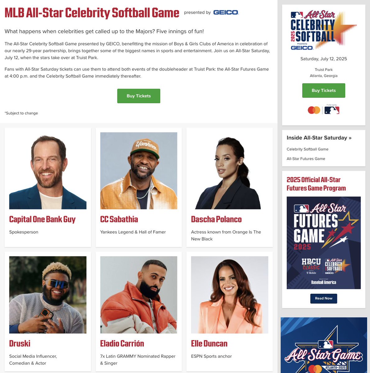 adamgiardino's tweet image. I love that by listing the participants in alphabetical order, Capital One Bank Guy gets top billing ahead of an @MLB Hall of Famer in the Celebrity Softball Game