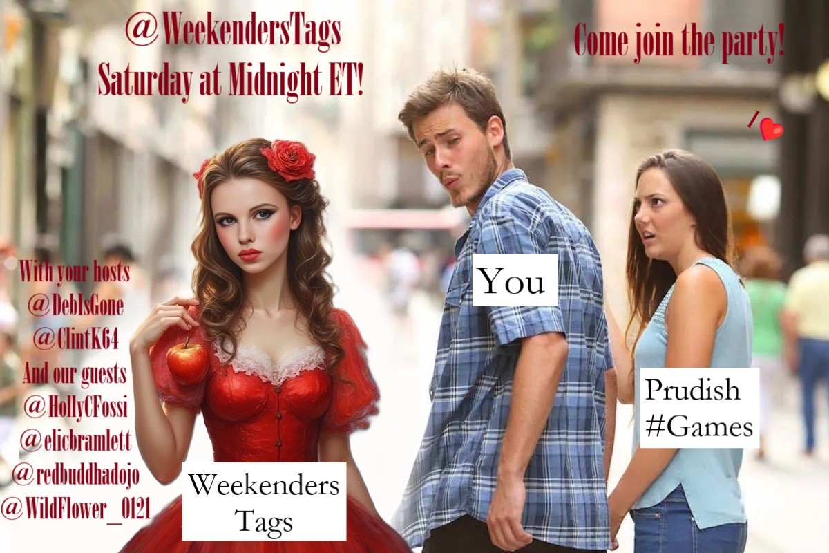 WeekendersTags (@weekenderstags) on Twitter photo You may have heard that
<a href="/WeekendersTags/">WeekendersTags</a>
has a questionable reputation,
but <a href="/DebIsGone/">DebIsGone</a> & <a href="/ClintK64/">Clint Kritzer</a> will be bringing in our Virtuous Guests, <a href="/elicbramlett/">Elic Bramlett</a> <a href="/HollyCFossi/">Holly C. Fossi๐ฆ</a> <a href="/redbuddhadojo/">๐ฆ๐บ๐ฆBrirannosaurus ReXtard Finder๐บ๐ฒ๐ฆ</a> & <a href="/WildFlower_0121/">Wildwood Flower</a>, to defend our honor this
Saturday at Midnight ET!
Come join the party! Iโค๏ธ You may have heard that
<a href="/WeekendersTags/">WeekendersTags</a>
has a questionable reputation,
but <a href="/DebIsGone/">DebIsGone</a> & <a href="/ClintK64/">Clint Kritzer</a> will be bringing in our Virtuous Guests, <a href="/elicbramlett/">Elic Bramlett</a> <a href="/HollyCFossi/">Holly C. Fossi๐ฆ</a> <a href="/redbuddhadojo/">๐ฆ๐บ๐ฆBrirannosaurus ReXtard Finder๐บ๐ฒ๐ฆ</a> & <a href="/WildFlower_0121/">Wildwood Flower</a>, to defend our honor this
Saturday at Midnight ET!
Come join the party! Iโค๏ธ