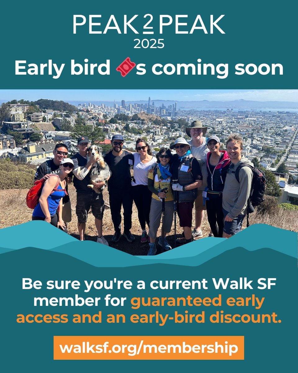 walksf's tweet image. Save the date for the 21st annual Peak2Peak on Saturday, September 13. 🥾
Peak2Peak is a beloved hiking tradition and always sells out, so get ready to click “buy” when ticket sales go live next week! 🎟️
Membership practically pays for itself with the early bird discount. 👀…