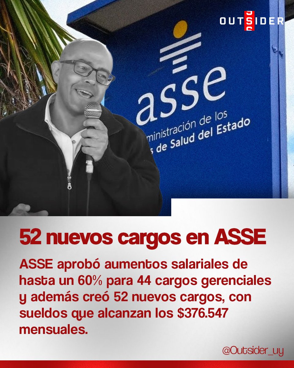 🚨| Muy lamentable 

El directorio de ASSE, encabezado por Álvaro Danza, aprobó 44 aumentos salariales y la creación de 52 nuevos cargos, entre los cuales se incluyen coordinadores y secretarios para unidades de género.