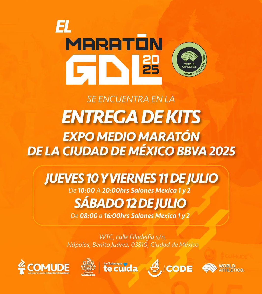 🏃‍♂️🏙️ Si vas a estar en la Expo del Medio Maratón de la Ciudad de México BBVA 2025… ¡visita el stand de Comude Guadalajara! 🇲🇽✨

📍Estamos en los Salones México 1 y 2 del WTC CDMX, listos para compartir contigo todo sobre el Maratón Guadalajara 2025, 
#MaratónGDL2025 #ComudeGDL