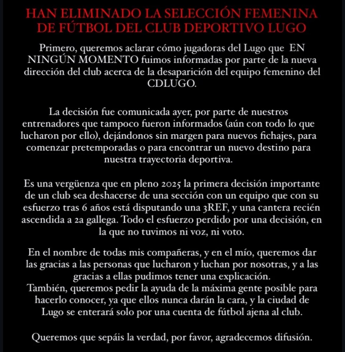 ❌ El CD Lugo, uno de los equipos de referencia en Galicia, se carga la sección femenina (primer equipo en 3ª RFEF y filial en 2ª autonómica).

Comunicado de una de las jugadoras ⬇️⬇️