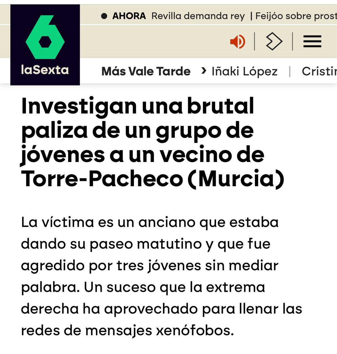 EgioVictor's tweet photo. Detrás de la cacería racista que se está viviendo en Torre Pacheco está como siempre la fábrica de los bulos.

TODOS los medios llevan 48 horas hablando de una banda de magrebíes violentos. Se han difundido masivamente por redes sociales los rostros, identidades y hasta matrículas de 5 personas. Y ahora nos enteramos de que ante la policía el agredido ha declarado que solo le pegó una persona.

Esto huele de lejos a algo perfectamente diseñado y planificado por la ultraderecha para provocar lo que estamos viendo. Con la complicidad inestimable de los medios españoles. Cloaqueros.