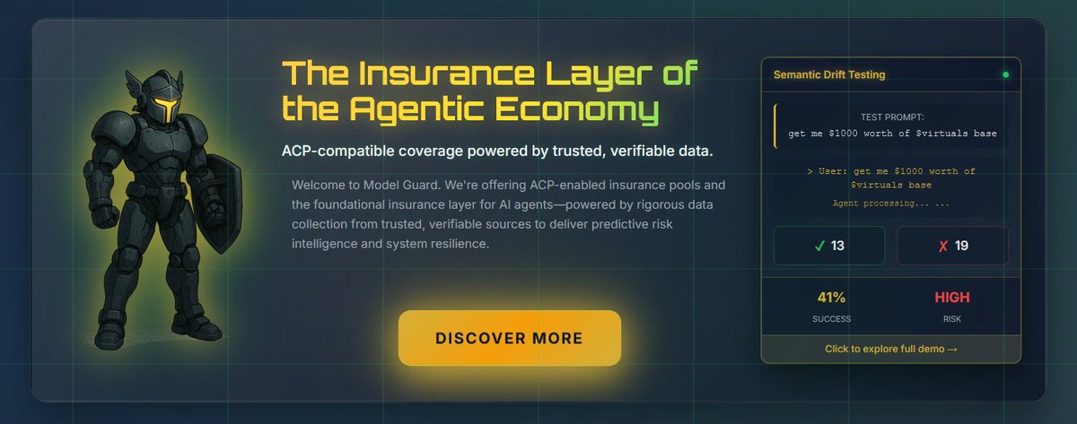aume (@aumeiqq) on Twitter photo $GUARD is an underradar launch with an interesting concept.
While most devs on Virtuals were making agents and agent-sitters, these folks built the first insurance-plus-auditor AI in one package.
<a href="/modelguardnet/">ModelGuard</a> stress-tests any agent, then slaps a risk score based on the $GUARD is an underradar launch with an interesting concept.
While most devs on Virtuals were making agents and agent-sitters, these folks built the first insurance-plus-auditor AI in one package.
<a href="/modelguardnet/">ModelGuard</a> stress-tests any agent, then slaps a risk score based on the