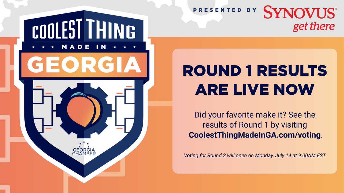 GAChamber's tweet image. #CTMIG ROUND 1 RESULTS ARE LIVE:
The Top 32 are in. Did your favorite make the cut?
Explore the updated bracket at CoolestThingMadeInGA.com/voting to see which competitors are still in the running for Coolest Thing Made in Georgia.
Voting for Round 2 opens Monday July 14th at 9:00 AM.…