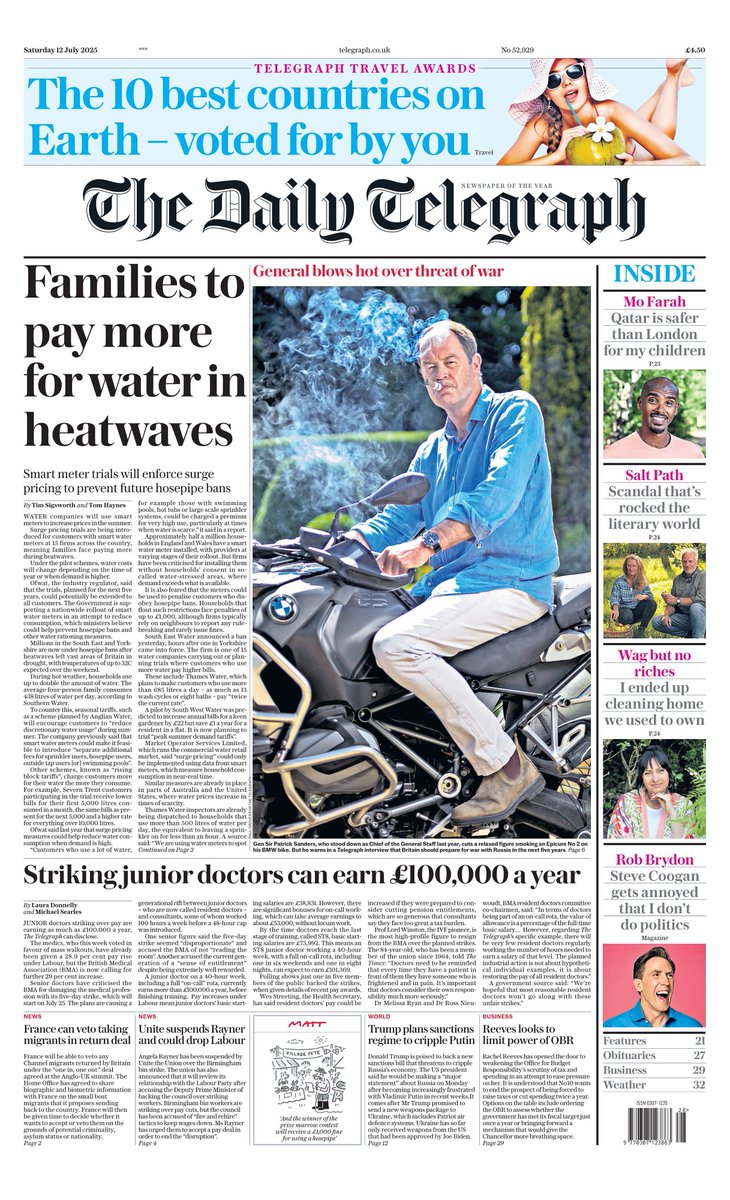 𝙵𝚛𝚘𝚗𝚝 𝙿𝚊𝚐𝚎𝚜 𝚃𝚘𝚍𝚊𝚢 📰 (@ukpapers) on Twitter photo 🇬🇧 Families To Pay More For Water In Heatwaves
▫Smart meter trials will mean families pay more during summer or when hosepipes are banned
▫<a href="/tjsigsworth/">Tim Sigsworth</a> <a href="/T_Haynesy/">tom haynes</a>
▫is.gd/Oc39ZL
#frontpagestoday #UK <a href="/Telegraph/">The Telegraph</a> 🇬🇧 Families To Pay More For Water In Heatwaves
▫Smart meter trials will mean families pay more during summer or when hosepipes are banned
▫<a href="/tjsigsworth/">Tim Sigsworth</a> <a href="/T_Haynesy/">tom haynes</a>
▫is.gd/Oc39ZL
#frontpagestoday #UK <a href="/Telegraph/">The Telegraph</a>