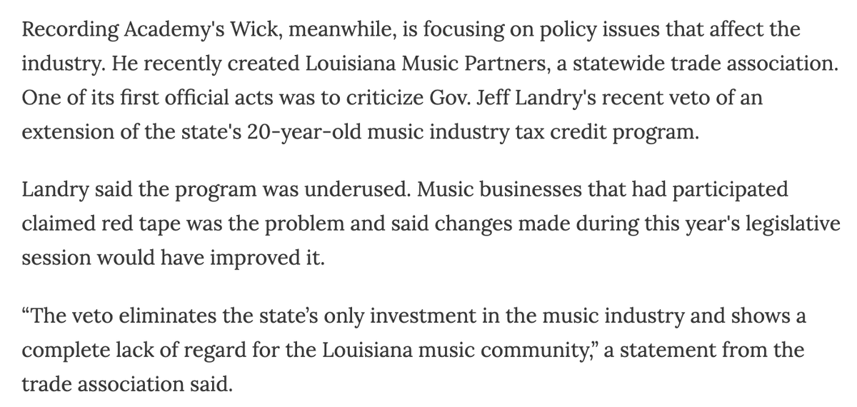 Though <a href="/LAGovJeffLandry/">Governor Jeff Landry</a> swoons over Justin Bieber, he recently vetoed HB 653, a bipartisan bill that would have expanded and extended tax credits that support Louisiana's own recording industry. Because of his veto these tax credits will expire, harming the state's music industry