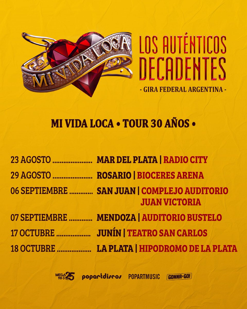 Se viene la gira federal Argentina, 30 años de Mi Vida Loca 🇦🇷 y lo festejamos como más nos gusta! Con mucha fiesta decadente por todo el país 🔥🔥

🎫  ya pueden conseguir sus entradas acá: losautenticosdecadentes.com.ar/shows