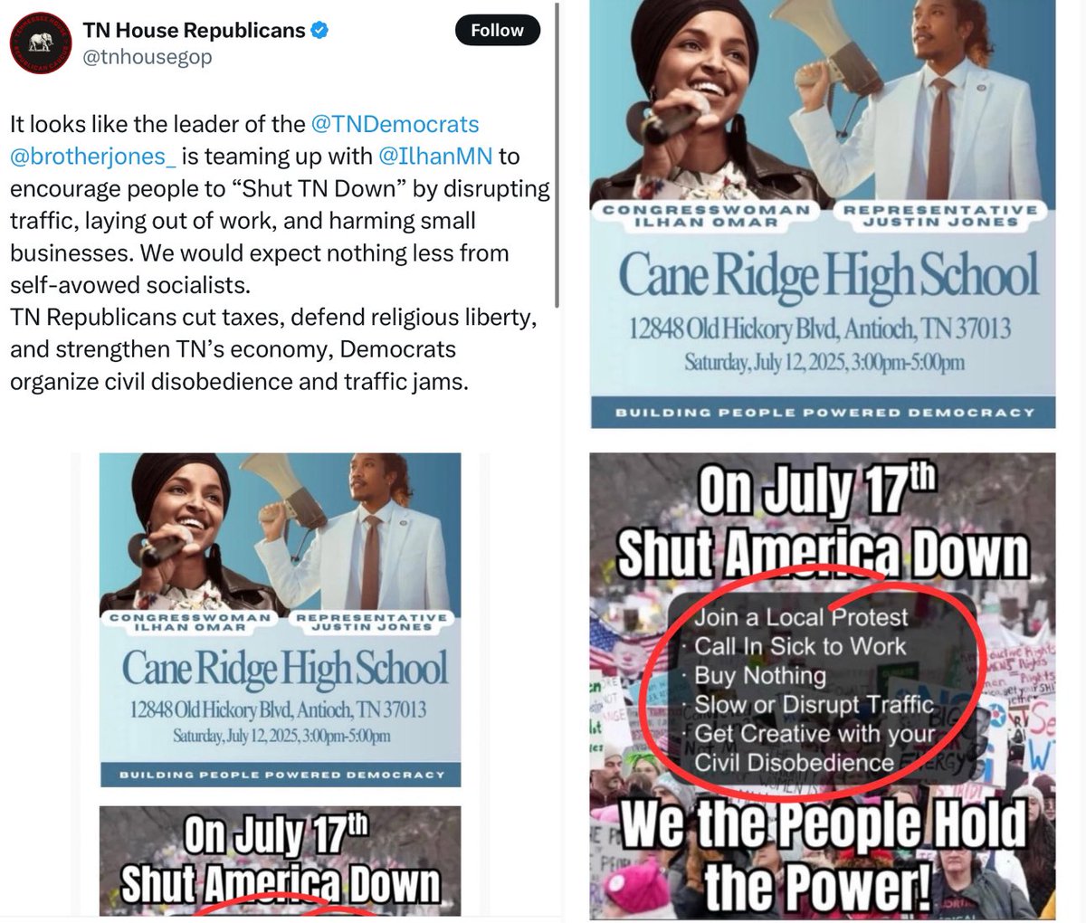 🚨FAKE GRAPHIC ALERT: Is <a href="/tnhousegop/">TN House Republicans</a> so afraid of <a href="/IlhanMN/">Ilhan Omar</a> coming to Antioch with <a href="/brotherjones_/">Rep. Justin Jones</a> for a town hall in <a href="/RepOgles/">Rep. Andy Ogles</a> district that they made a fake graphic?

There is no call to “shut TN down”: instagram.com/p/DL3OPRkyt8-/… 

They appear to have created the bottom part🤔