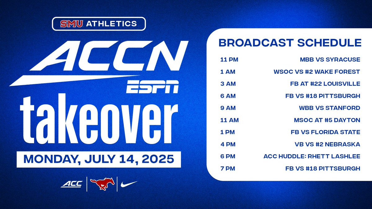 All Mustangs on the <a href="/accnetwork/">ACC Network</a>! 

Relive some of the top moments from the inaugural year in <a href="/theACC/">The ACC</a>. 

Watch the ACC Network beginning Sunday at 11 pm CT and all day Monday.

📺 tinyurl.com/yr5qzo48
▶️ getaccn.com