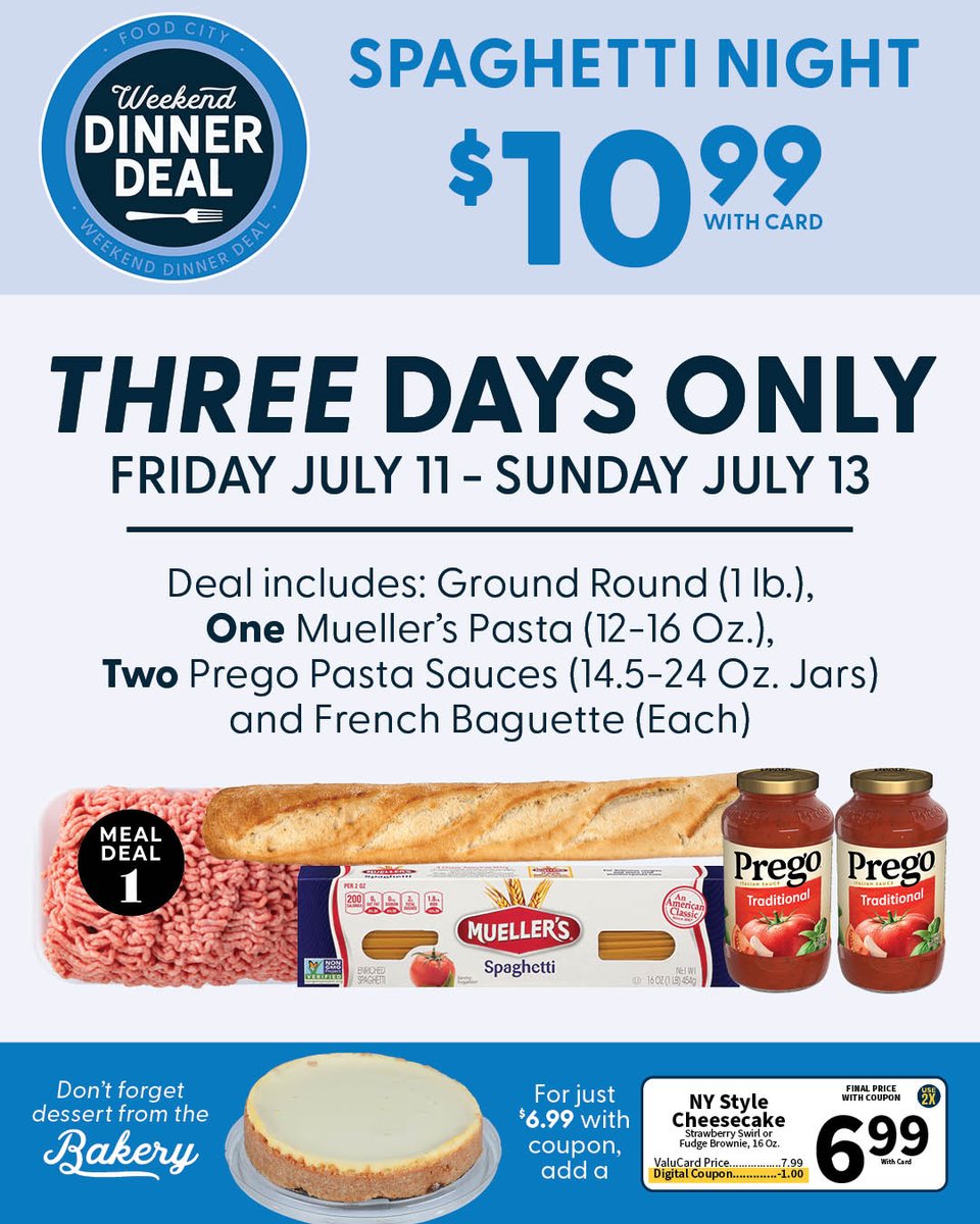 FoodCity's tweet image. It&apos;s spaghetti night this weekend! 🍝 Get special deal-only pricing this Friday, Saturday &amp;amp; Sunday when you purchase selected meal items.

#mealdeal #spaghettinight #savings #weekenddinnerdeal #foodcity #shopfoodcity