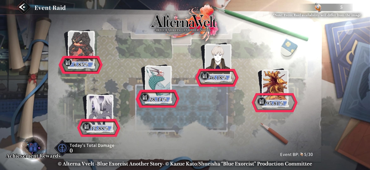 BlueEx_game's tweet image. [Event Info]

In Event Raids, raid boss HP (circled in red) is shared with everyone else on the server! Work together to exorcise each raid boss!

Don&apos;t forget to claim your rewards once each raid boss&apos;s HP reaches zero (0)!

#AlternaVvelt #BlueExorcist