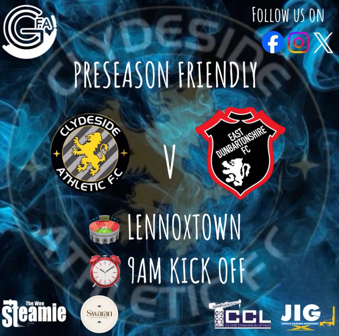 Clydeside Athletic (@clydesideath) on Twitter photo #fixturefriday
Vs <a href="/EastDunbartons3/">East Dunbartonshire AFC</a>
π High Park Lennoxtown
π Sat 12th July
π 9am kick off
@jigvda @swaranindiancuisine <a href="/theweesteamie/">The Wee Steamie</a> @clydecranesandlifting
#mtcπβ«οΈπ #fixturefriday
Vs <a href="/EastDunbartons3/">East Dunbartonshire AFC</a>
π High Park Lennoxtown
π Sat 12th July
π 9am kick off
@jigvda @swaranindiancuisine <a href="/theweesteamie/">The Wee Steamie</a> @clydecranesandlifting
#mtcπβ«οΈπ