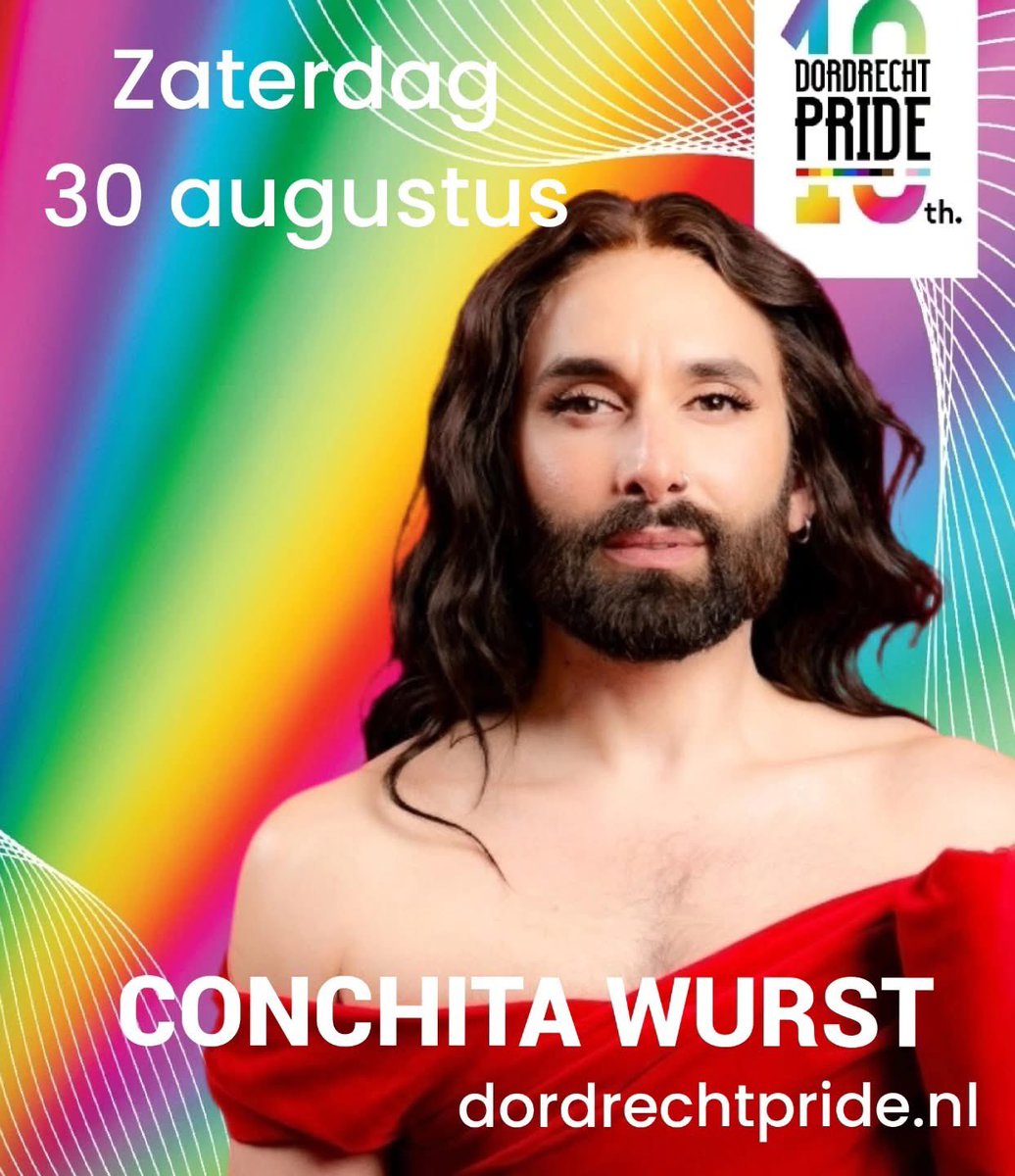 30 augustus is Conchita Wurst één van de gasten tijdens de Dordrecht Pride #songfestival #dordrecht