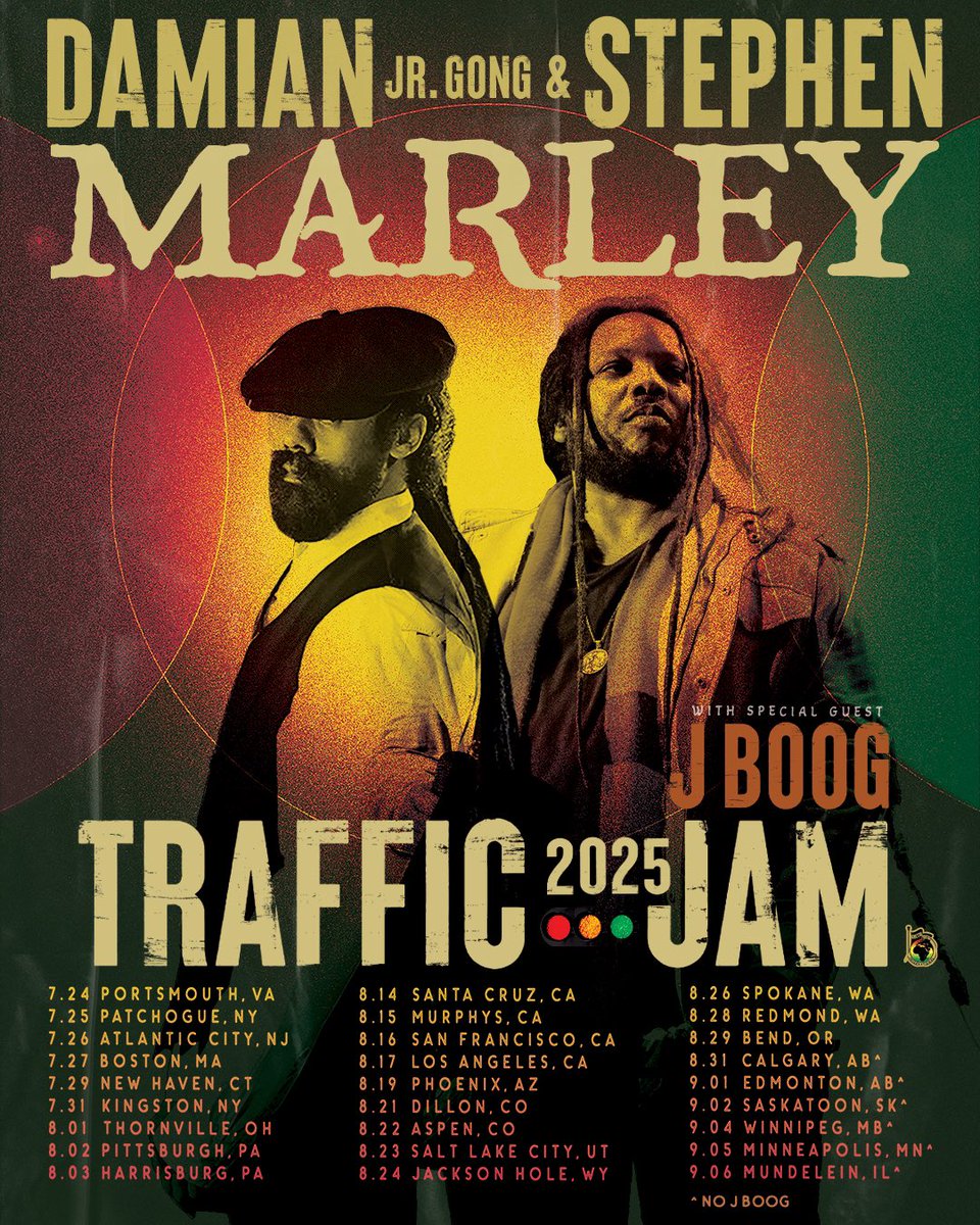 Stephen Marley (@stephenmarley) on Twitter photo Music is Alive! 💚💛❤️ Traffic Jam Summer Tour 2025 starts in just 2 weeks with @DamianMarley x Stephen Marley, plus special guest <a href="/JBoogMusic/">JBoogMusic</a> 🙏🏾 stephenmarleymusic.com/tour Music is Alive! 💚💛❤️ Traffic Jam Summer Tour 2025 starts in just 2 weeks with @DamianMarley x Stephen Marley, plus special guest <a href="/JBoogMusic/">JBoogMusic</a> 🙏🏾 stephenmarleymusic.com/tour