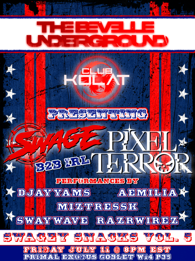 CLUB KOLAT is proud to join forces with The Bevelle Underground (TBU) tonight for RED, WHITE &amp; TBU! Steampunk cowboy glam contest! Live music from DJs
<a href="/djayYAMS/">djayYAMS</a> <a href="/AemiliaSatella/">Aemilia 🦋🎵</a> <a href="/MiztressK/">Miztress K</a> <a href="/SWAGEsound/">SWAGEYNO$</a> <a href="/PixelTerrorBass/">PIXEL TERROR ⚔️</a> <a href="/SwayyWave/">SwayWave</a> <a href="/ItsRazrWirez/">Razer Fox // RazrWirez</a>
Primal | Exo | Gob | W14 P35 
8p-6a ET