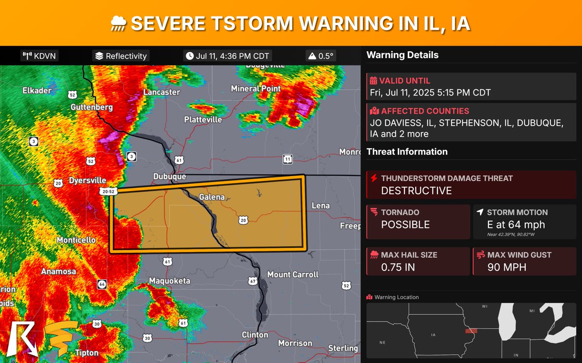 Illinois &amp; Iowa Severe Thunderstorm Warning! DESTRUCTIVE storms with 90 mph winds &amp; penny hail are moving east at 65 mph toward Dubuque &amp; Galena. YOU are in a life-threatening situation; flying debris may be deadly. Mobile homes destroyed. Seek shelter in an interior room on the