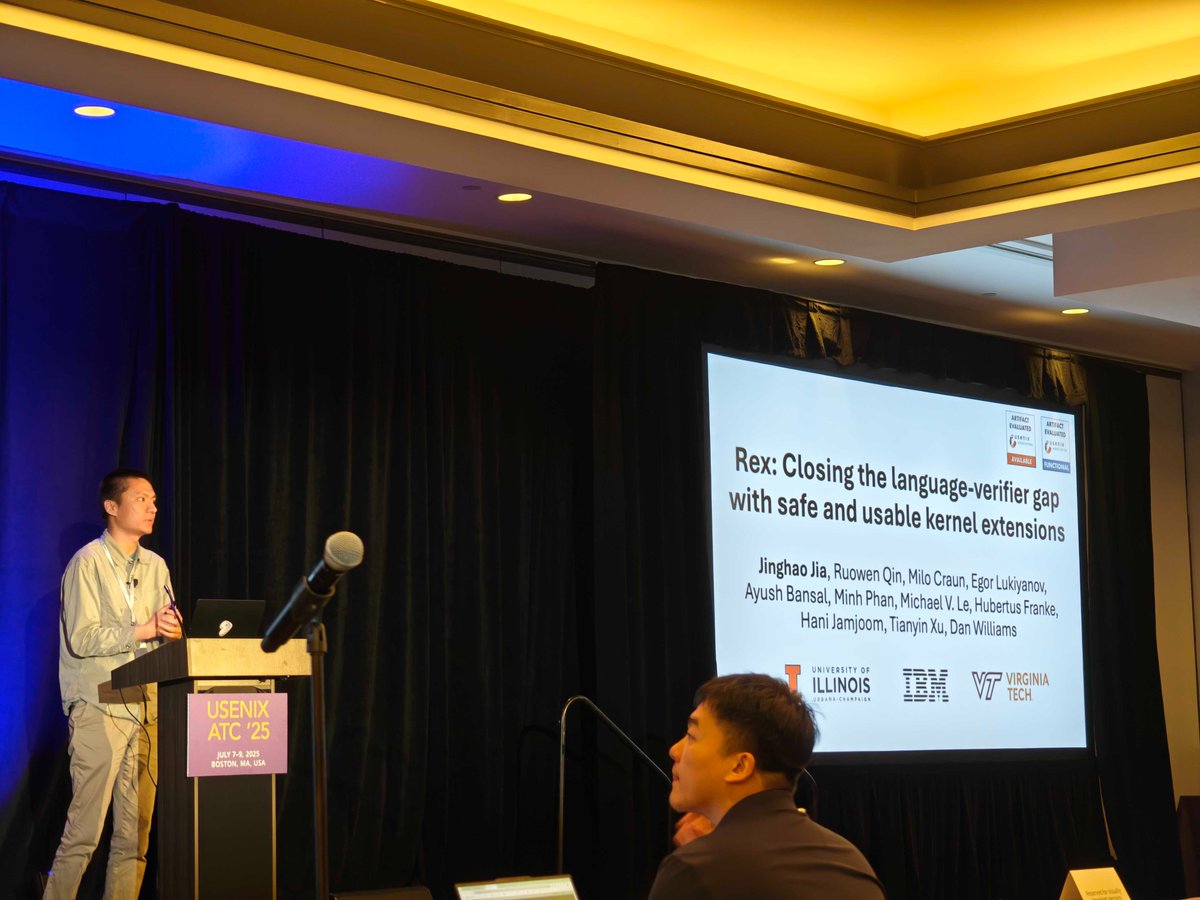 Tianyin Xu (@tianyin_xu) on Twitter photo .<a href="/Jinghao_J/">Jinghao Jia</a> presented the last piece of his PhD thesis at the very last USENIX ATC. #Rex is a new Kernel Extension framework that offers _both_ Safety and Usability (no language-verifier gap). If you're writing large, complex extension code and are struggling with eBPF, try Rex! .<a href="/Jinghao_J/">Jinghao Jia</a> presented the last piece of his PhD thesis at the very last USENIX ATC. #Rex is a new Kernel Extension framework that offers _both_ Safety and Usability (no language-verifier gap). If you're writing large, complex extension code and are struggling with eBPF, try Rex!