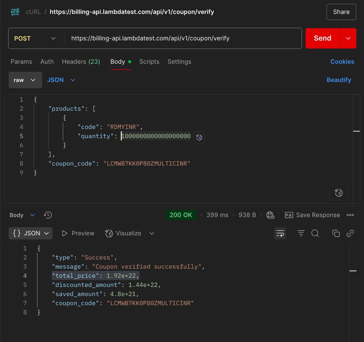 codeguyakash's tweet image. Just broke LambdaTest’s API 😂
Bought 1 quintillion items… and the server said: “Discount applied ✅”
🧠 Validation? Nah, we’re in 2025, logic is optional.
quantity: 1,000,000,000,000,000,000
discount: ₹4,800,000,000,000,000,000,000
@lambdatesting @asad0801
#Bug #Testing