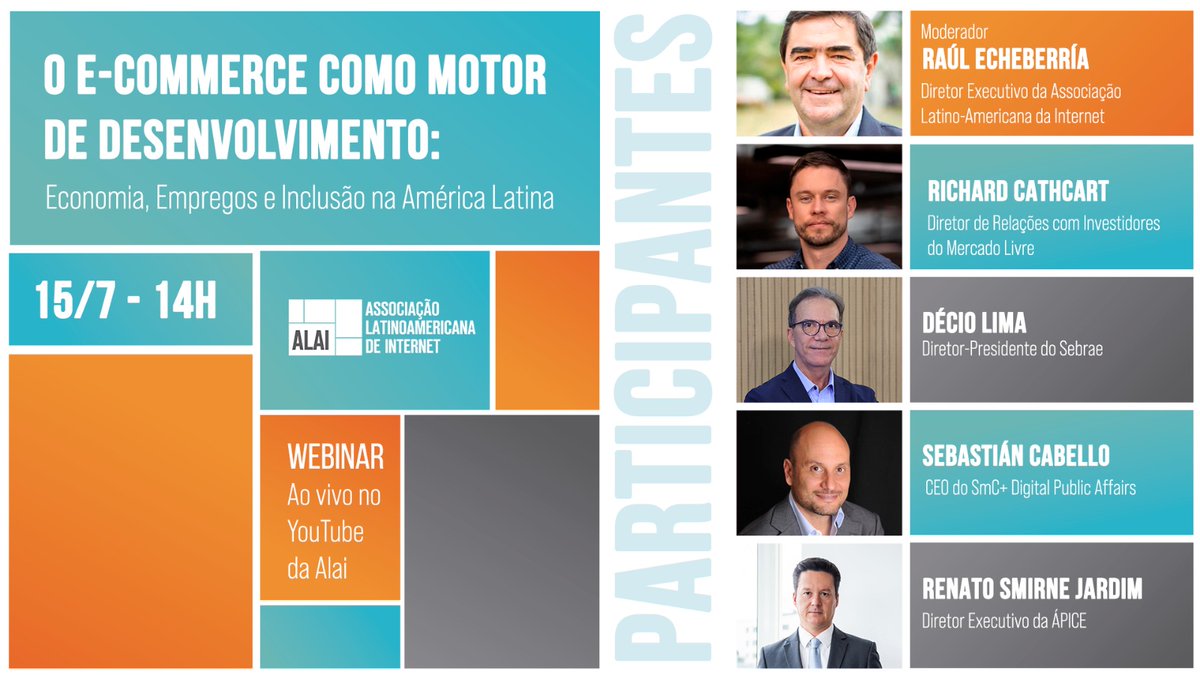 ALAI (@alai_lat) on Twitter photo 📣 O que o e-commerce representa para o emprego e a economia na América Latina?
✅ Não perca o 1º webinar da série #DialogosTecnologicosALAI
🗓 15/07 – 14h (Brasília)
👥 <a href="/Mercadolibre/">Mercado Libre</a> - <a href="/sebrae/">Sebrae</a> - <a href="/APICEBRASIL/">ÁPICE BRASIL</a> - <a href="/SMCplus/">SmC+ Digital Public Affairs</a>
✍️ forms.gle/CMq84pyfPBsUYF…
📺 youtube.com/live/wDA8VSxer…
ℹ️ 📣 O que o e-commerce representa para o emprego e a economia na América Latina?
✅ Não perca o 1º webinar da série #DialogosTecnologicosALAI
🗓 15/07 – 14h (Brasília)
👥 <a href="/Mercadolibre/">Mercado Libre</a> - <a href="/sebrae/">Sebrae</a> - <a href="/APICEBRASIL/">ÁPICE BRASIL</a> - <a href="/SMCplus/">SmC+ Digital Public Affairs</a>
✍️ forms.gle/CMq84pyfPBsUYF…
📺 youtube.com/live/wDA8VSxer…
ℹ️