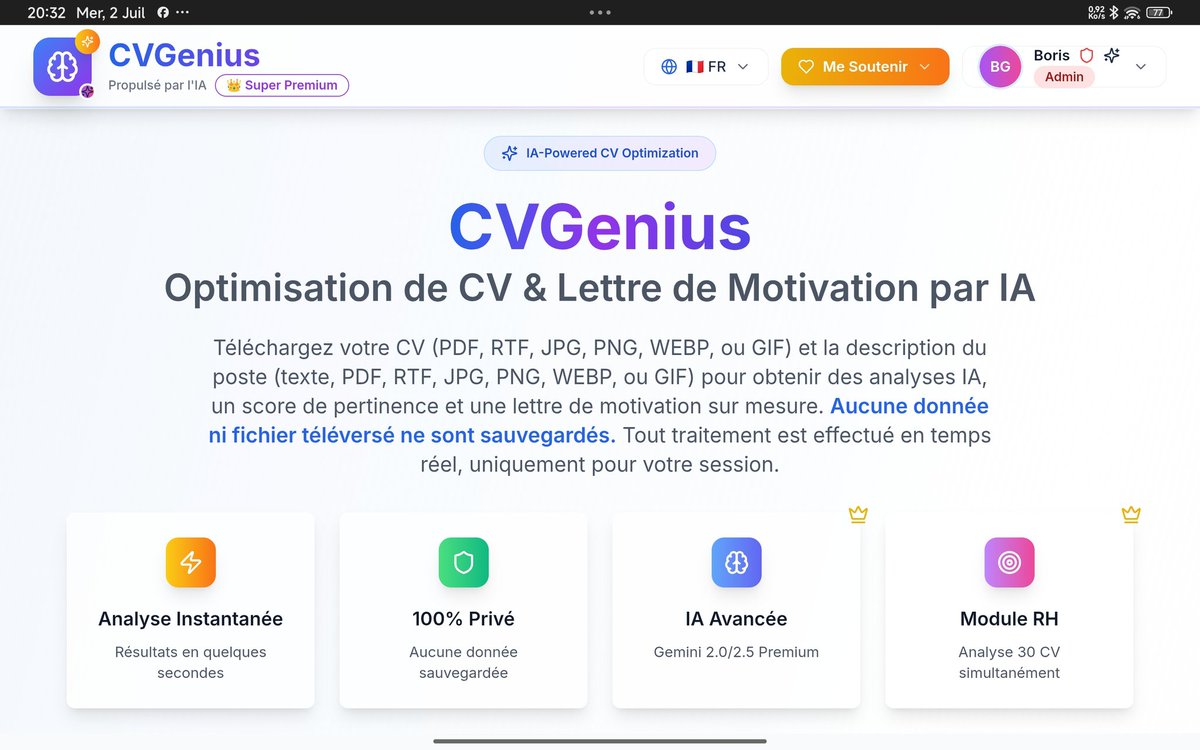 Boris_Gauty's tweet photo. 🚀 CVGenius 3 est enfin disponible en BÊTA ! 🧠📄

Après plusieurs jours de développement intense, je suis ravi de vous présenter la toute nouvelle version de CVGenius, pensée pour aller encore plus loin dans l’accompagnement à la recherche d’emploi.

Voici ce que vous réserve cette mise à jour :

✅ Un générateur de CV nouvelle génération
Créez un CV professionnel, bien structuré et personnalisé à votre profil en quelques minutes. Le design, le contenu et les sections sont entièrement adaptables.

🧠 Une IA plus puissante et plus réactive
Elle comprend mieux vos objectifs, vous assiste dans vos choix de formulations, et vous accompagne à chaque étape.

🎙️ Un simulateur d’entretien plus immersif
Préparez-vous à répondre aux vraies questions posées en entretien, avec une IA qui s’adapte à votre domaine, votre niveau et votre posture.

💳 Un système de paiement intégré
Simple, sécurisé, pour débloquer facilement les fonctionnalités avancées de l'app.

⚙️ Améliorations techniques et meilleure fluidité
Navigation plus rapide, interface améliorée, meilleure gestion des projets CV.

🎁 Et surtout : chaque utilisateur a droit à une génération de CV gratuite, pour tester les nouvelles fonctionnalités sans rien payer.

🧪 Note : Il s'agit d'une version BÊTA, il reste donc des ajustements à venir. Vos retours seront précieux pour faire évoluer l’application.

📲 Testez dès maintenant et donnez-moi vos impressions !

👉 https://t.co/nFLkyXSnZm

#CVGenius3 #BetaVersion #CVBuilder #IA #JobSearch #CareerTools #SimulationEntretien #AppUpdate #Nouveauté