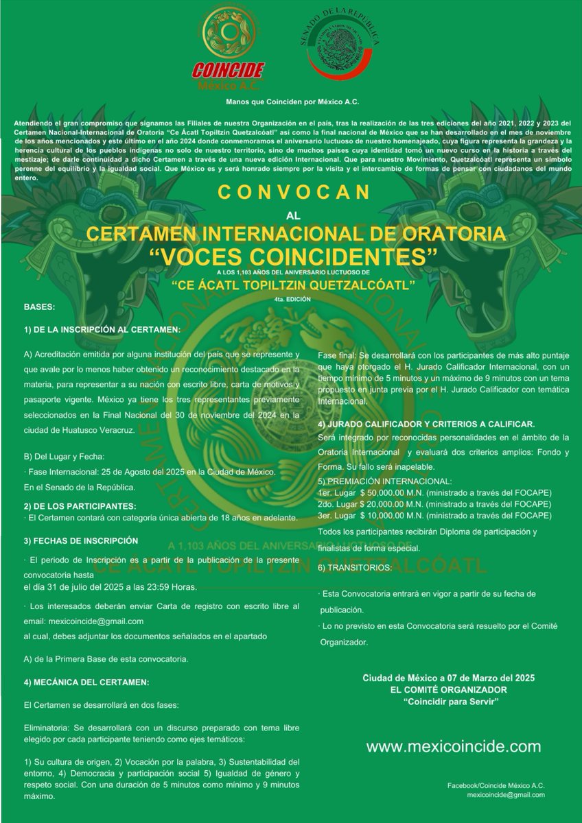 EmbaMexGua's tweet image. ¿Tienes más de 18 años y te gusta la oratoria? Participa en el Certamen Internacional de Oratoria “Voces Coincidentes” en el marco de los 1,103 años del aniversario luctuoso de “Ce ácatl topiltzin Quetzalcóatl”. Tienes hasta el 31 de julio. Más información mexicoincide.com
