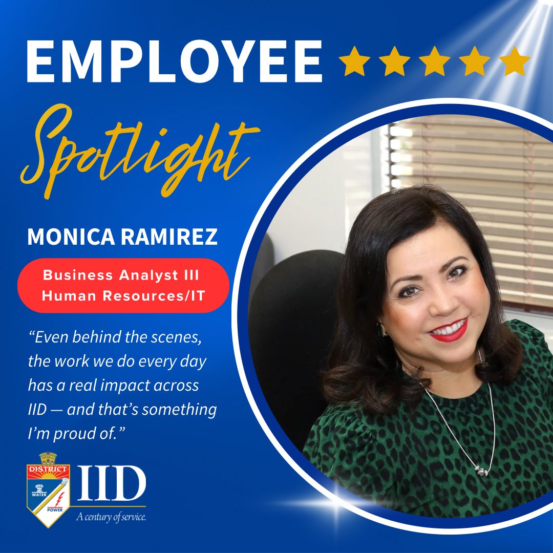 IIDatWork's tweet image. 🔦 💼 Employee Spotlight: Monica Ramirez
Business Analyst III – Human Resources/IT
“Even behind the scenes, the work we do every day has a real impact across IID — and that’s something I’m proud of.”
For over 20 years, Monica has been a driving force behind many of the…