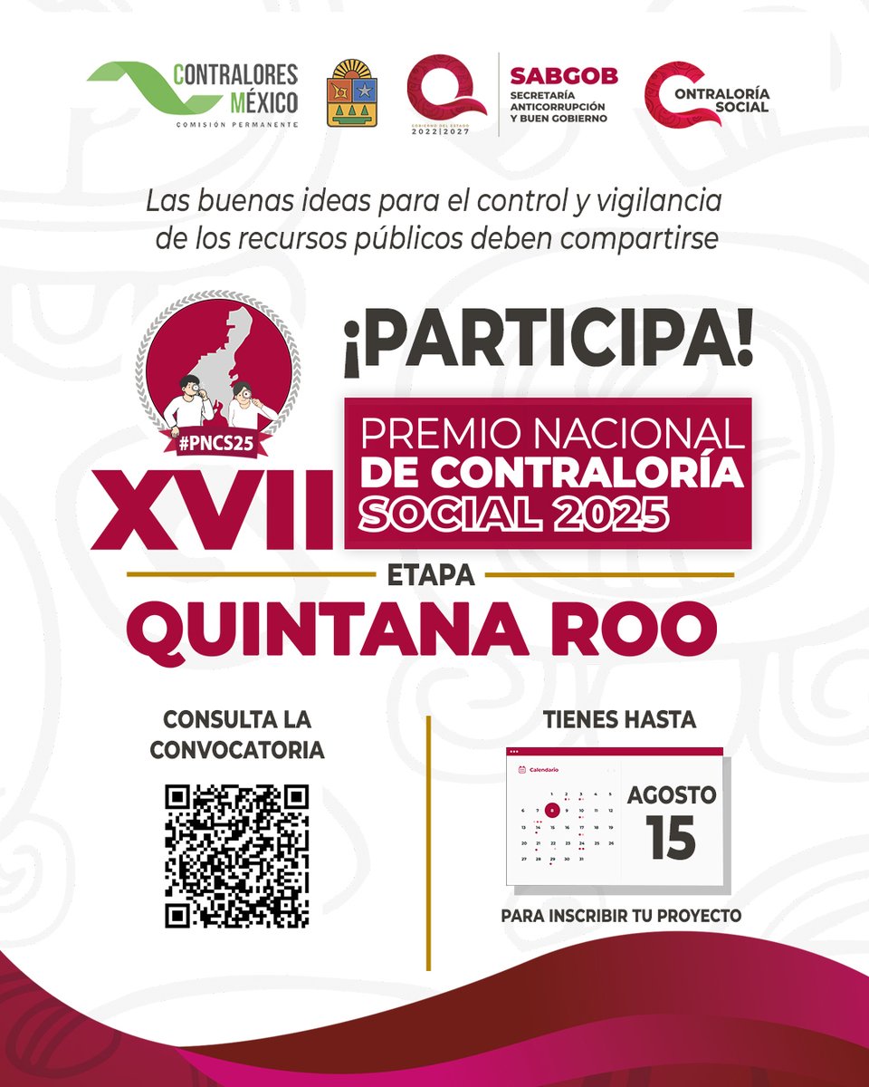 SABGOBQRoo's tweet photo. Si formas parte de un comité de #ContraloríaSocial, una organización o tienes una propuesta que fomente la vigilancia ciudadana, participa en el XVII Premio Nacional de Contraloría Social 2025.
📷 Consulta la convocatoria: https://t.co/T5j5xrAzZA
#TransformandoConHonestidad https://t.co/UWHekAC36y