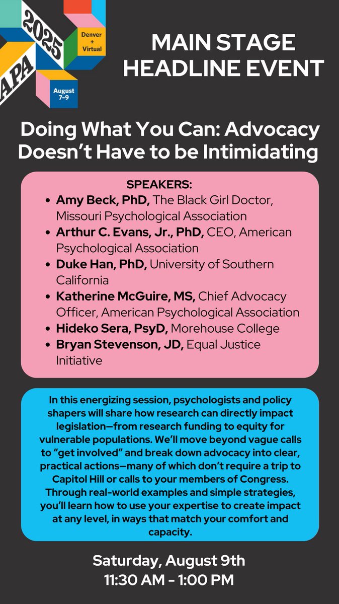 APADivision40's tweet image. We are getting excited for APA 2025!!
Make sure you don't miss this main stage headline event: "Doing What You Can: Advocacy Doesn't Have to be Intimidating."
Saturday, 8/9 from 11:30am-1:00pm